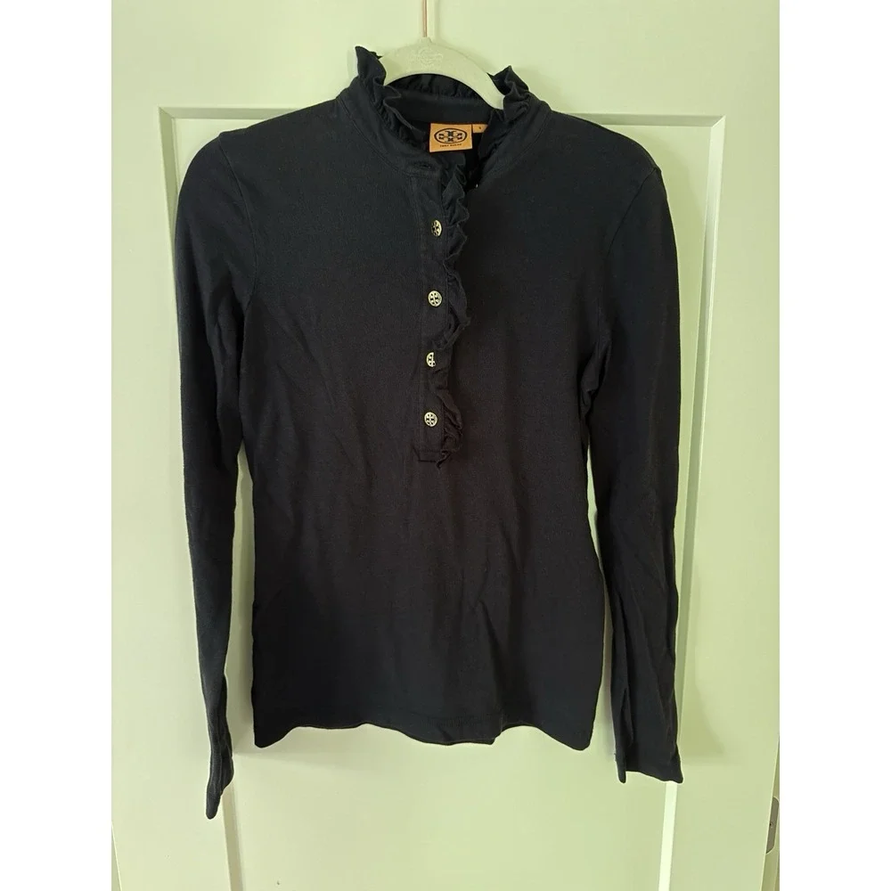 Tory Burch Navy Blue Pima Cotton Ruffle Henley LS Small Top Gold Logo Buttons